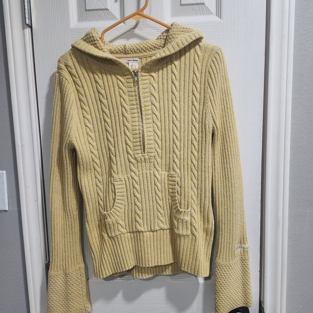 DKNY Jeans Womens Sz L Cable Knit Hoodie Sweater Yellow Half Zip Kangaroo Pocket